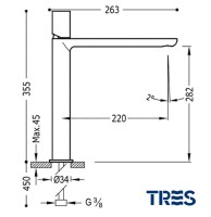 MEDIDAS MONOMANDO LAVABO VERDE LOFT TRES GRIFERIA